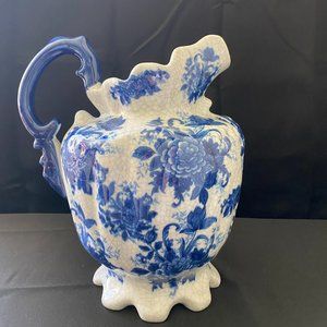 Vintage The Bombay Company Large Blue & White Floral Ceramic Crackle Pitcher